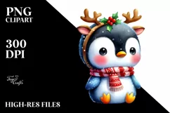 cute Watercolor Penguin with Reindeer Horns Product Image 3