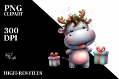 cute Watercolor Hippo with Reindeer Horns and Gift Boxes Product Image 3