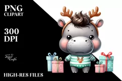 cute Watercolor Hippo with Reindeer Horns and Gift Boxes Product Image 3