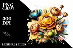 Wooden Stained Ranunculus Watercolor | Clipart Product Image 1