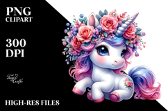 Cute Baby Unicorn with Floral Wreath PNG Product Image 2