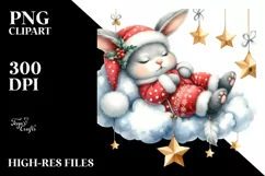 Watercolor Christmas Baby Bunny on Cloud with Stars | Product Image 3