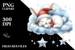 Watercolor Christmas Baby Bunny on Cloud with Stars | Product Image 3