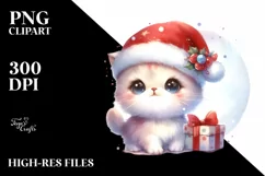 cute Watercolor Kitten with Santa Hat and Gift Box Product Image 3