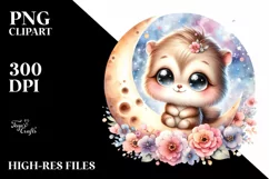 Cute Watercolor Smiling Moon with Flowers Product Image 1