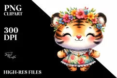 Cute Baby Tiger Whimsical Flowers Clipart Product Image 1