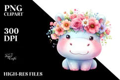 Cartoon Hippo with Flower Crown PNG Product Image 2
