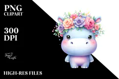 Cartoon Hippo with Flower Crown PNG Product Image 2
