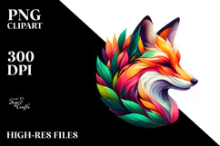 Vibrant Fox with Plant Leaves, Abstract PNG Product Image 2