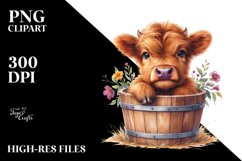 Cute Baby Highland Cow with Flowers PNG Product Image 1