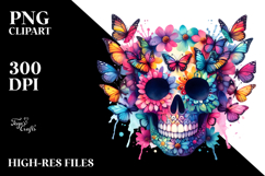 Colorful Half Butterfly Skull Painting, PNG Product Image 2