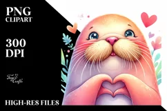 Whimsical Walrus Doing Love Sign | Watercolor Clipart Product Image 1