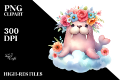 Cute Baby Walrus with Flower Crown PNG Product Image 2