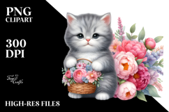 Grey Baby Cat with Flower Basket Clipart Product Image 2