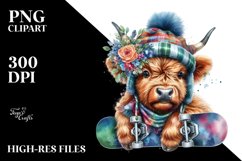 Highland Cow with Snowboard, PNG Product Image 1