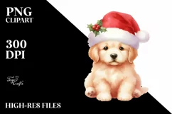 Golden Retriever with Santa Hat Watercolor Christmas PNG Product Image 1