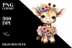Cute Baby Giraffe Whimsical Flowers Clipart Product Image 1
