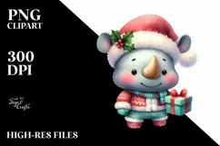 Expressive Baby Rhino PNG with Santa Hat Product Image 3