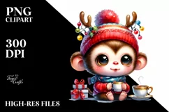 Expressive Baby Monkey PNG with Reindeer Horns Product Image 1
