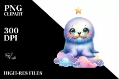 Cute Colorful Baby Bearded Seal in Stars Clouds Product Image 1