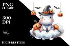 Watercolor Hippo Dressed for Halloween Sitting on Cloud Product Image 2