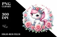 Baby Unicorn with Rose Frame Watercolor Clipart Product Image 3