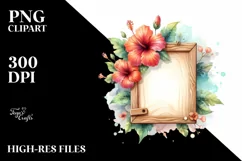 Hibiscus Shiny Metallic Wood Frame Watercolor | Clipart Product Image 1