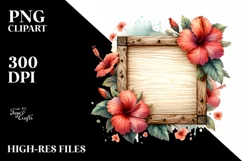 Hibiscus Shiny Metallic Wood Frame Watercolor | Clipart Product Image 1