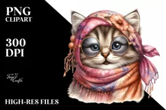 Boho Kitten with Silk Scarf | Watercolor Clipart Product Image 1