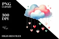 Simple Adorned Washed Watercolor Cloud Hearts PNG Product Image 2