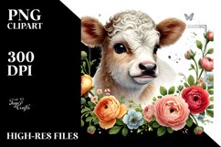 Highland Cow with Ranunculus PNG Product Image 2