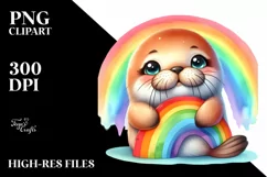 Cute Baby Walrus Smiling with Rainbow PNG Product Image 1