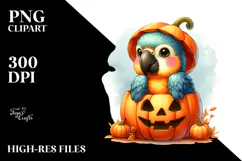 Cute Baby Macaw with Halloween Pumpkin PNG Product Image 2
