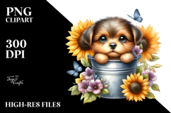 Cute Baby Dog Watercolor with Sunflower PNG Product Image 2