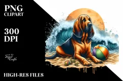 Bloodhound Sitting in Sand with Surf and Ball | Sublimation Product Image 1