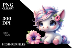 Pastel Watercolor Cute Baby Unicorn with Petunia | Product Image 2