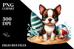 Cute Boston Terrier Sitting in Sand with Surf and Ball | Product Image 1