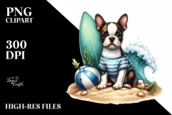 Cute Boston Terrier Sitting in Sand with Surf and Ball | Product Image 3