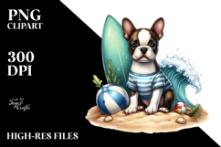 Cute Boston Terrier Sitting in Sand with Surf and Ball | Product Image 2