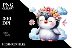 Cute Baby Penguin Whimsical Cloud Flowers Clipart Product Image 3