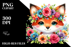 Cartoon-Style Watercolor Fox with Flower Crown | Clipart Product Image 2