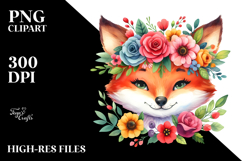 Cartoon-Style Watercolor Fox with Flower Crown | Clipart Product Image 2