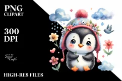 Cute Baby Penguin Whimsical Cloud Flowers Clipart Product Image 1