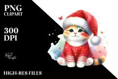 Watercolor Cute Cat with Santa Hat, PNG Product Image 2