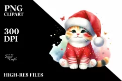 Watercolor Cute Cat with Santa Hat, PNG Product Image 1
