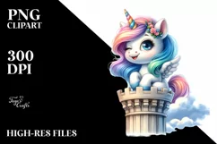 Cute Baby Unicorn Winking from Sky-High Tower | Clipart Product Image 3