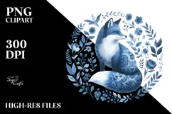 Blue Toile Fox, Watercolor PNG Product Image 2