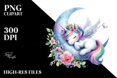 Colorful Baby Unicorn Napping on Moon, PNG Product Image 2