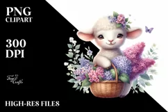 Watercolor Whimsical Cute Baby Lamb Basket Lilac Bouquet Product Image 1