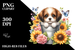 Cute Baby Dog Watercolor with Sunflower PNG Product Image 2